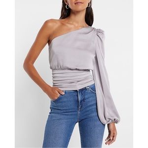 EXPRESS Satin One Shoulder Pleated Waist Top in Black